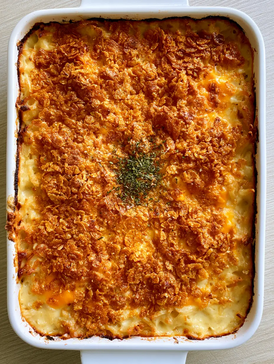 Close up shot of shredded hash brown casserole with bubbling cheese and a crunchy cornflake crust.