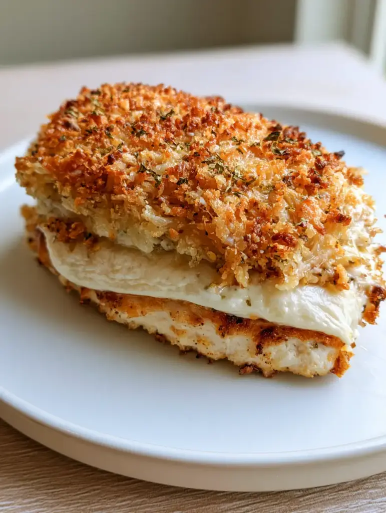 A top-down view of the textured golden-brown panko crust and melted parmesan on chicken.
