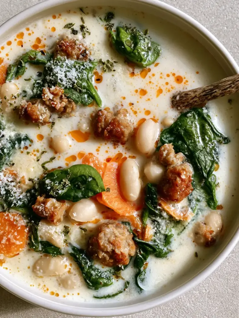 Close up of orange oil droplets on top of a thick white parmesan soup base with carrots and beans.