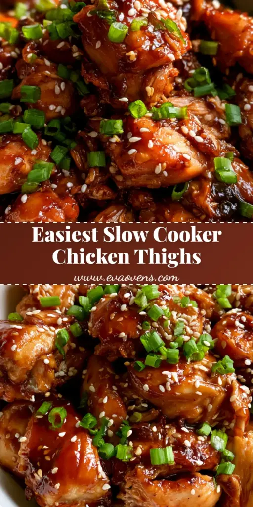 Slow Cooker Chicken Thighs with a Glossy Honey Garlic Glaze 4 A white ceramic bowl filled with glossy, reddish-brown Slow Cooker Chicken Thighs, topped with sesame seeds and green onions.