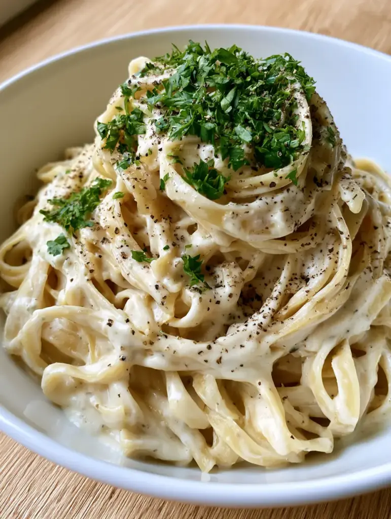 Homemade Alfredo Sauce: The Ultimate Creamy Garlic Parmesan Guide 1 Side view of a high mound of fettuccine pasta generously coated in Homemade Alfredo Sauce.