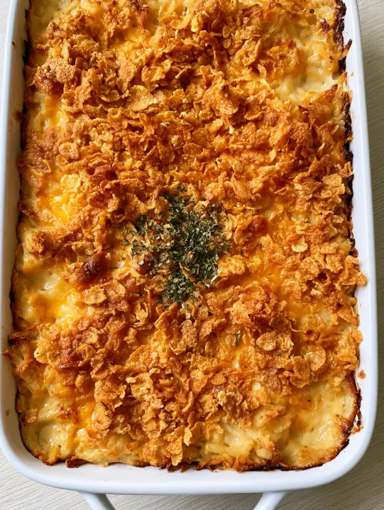 A smartphone-style photo of a cheesy potato casserole with golden cornflakes and green parsley flakes.