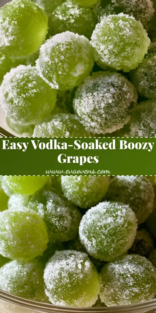 A close-up vertical shot of Boozy Grapes coated in glistening white sugar crystals, piled high in a clear glass bowl.