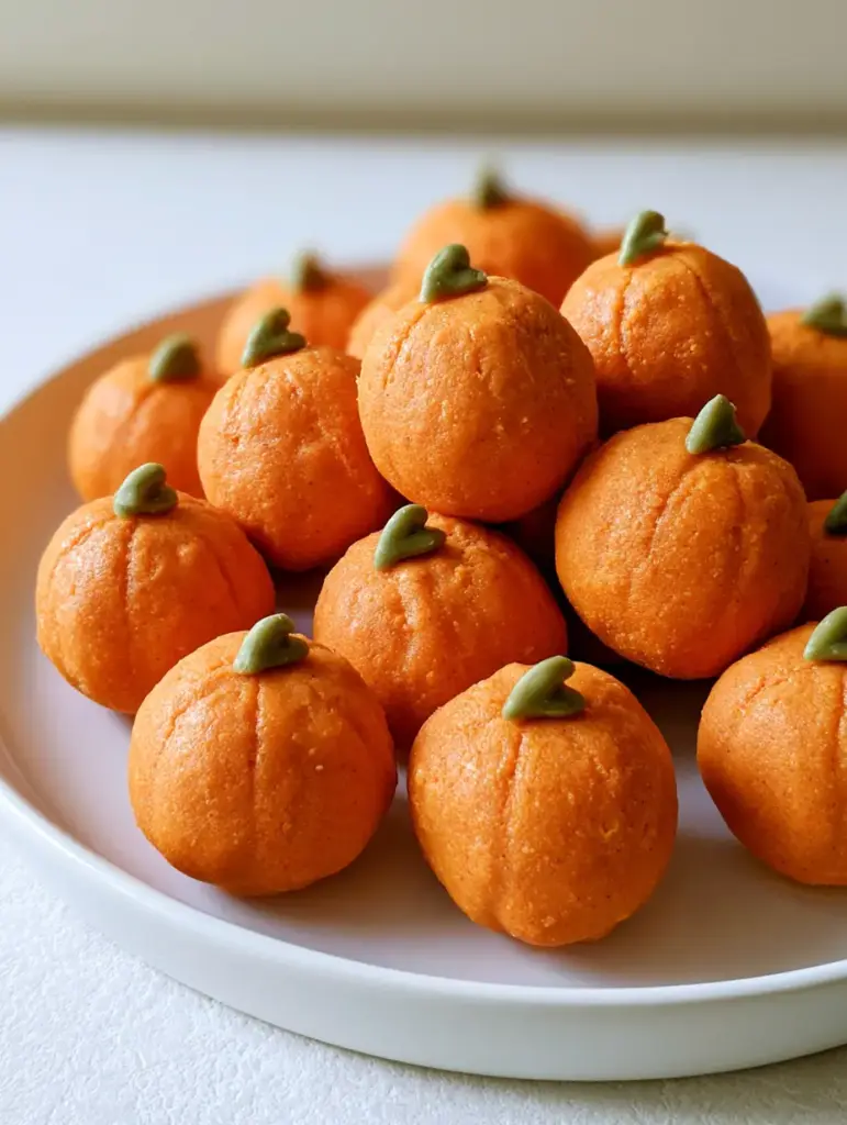 No Bake Pumpkin Cheesecake Balls (Easy Fall Truffles) 1 Side view of orange-tinted white chocolate coated pumpkin truffles showing the matte texture and green pretzel stems.