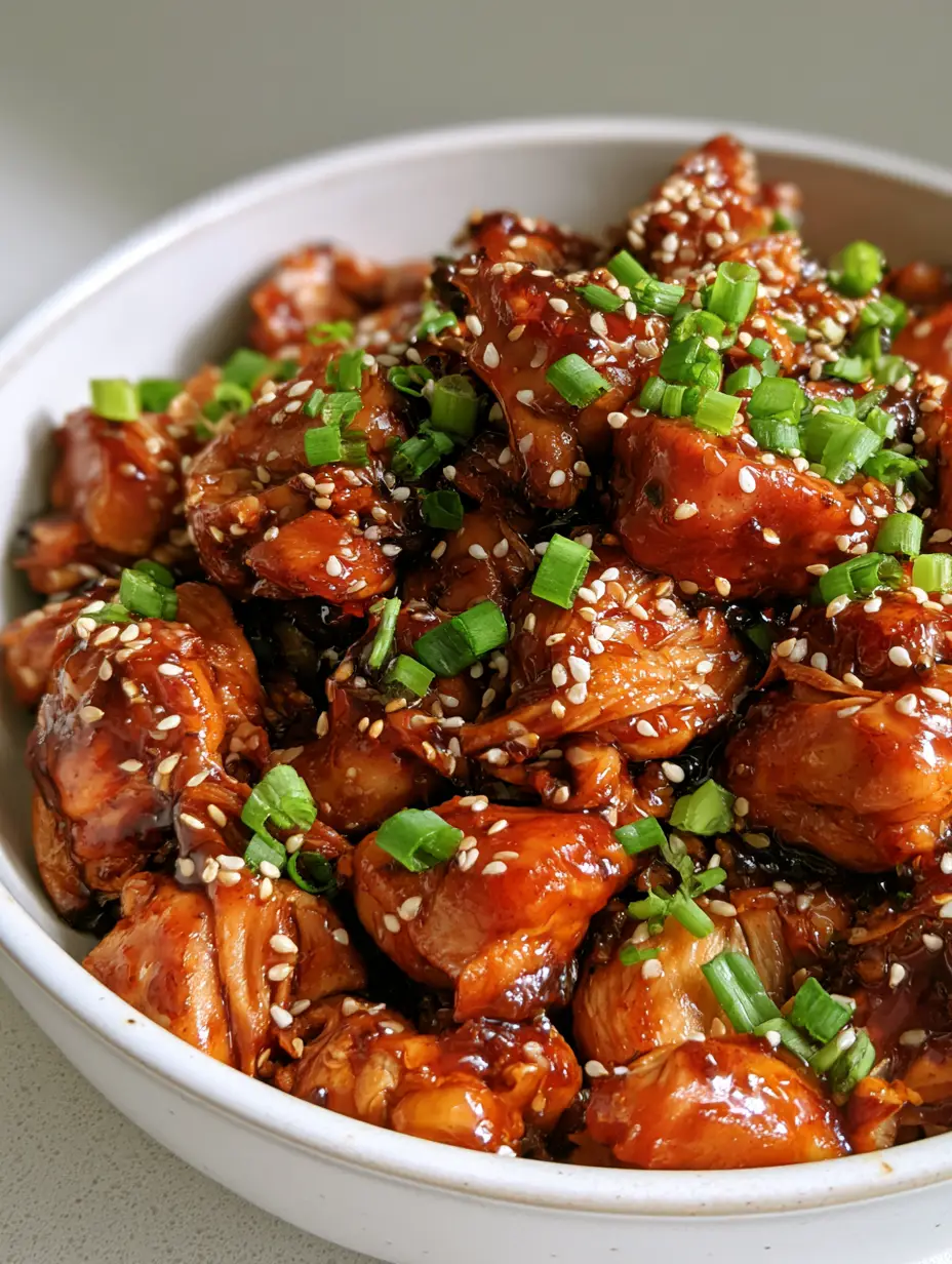 Slow Cooker Chicken Thighs with a Glossy Honey Garlic Glaze 3 Close-up smartphone photo of tender bite-sized pieces of Slow Cooker Chicken Thighs in a glossy honey garlic glaze.