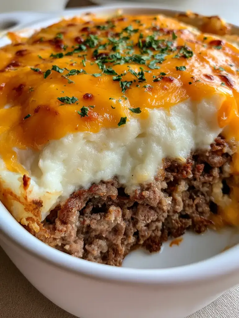 Mashed Potato Topped Meatloaf: The Ultimate Cheesy Comfort Dish 2 Handheld smartphone photo of Mashed Potato Topped Meatloaf casserole in a white ceramic dish with melted golden cheese.