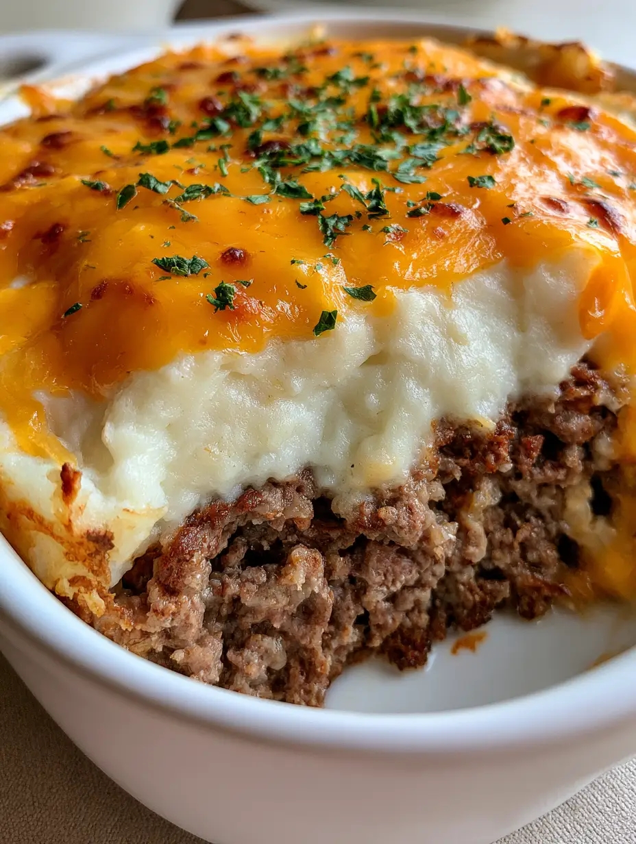 Mashed Potato Topped Meatloaf: The Ultimate Cheesy Comfort Dish 3 Handheld smartphone photo of Mashed Potato Topped Meatloaf casserole in a white ceramic dish with melted golden cheese.