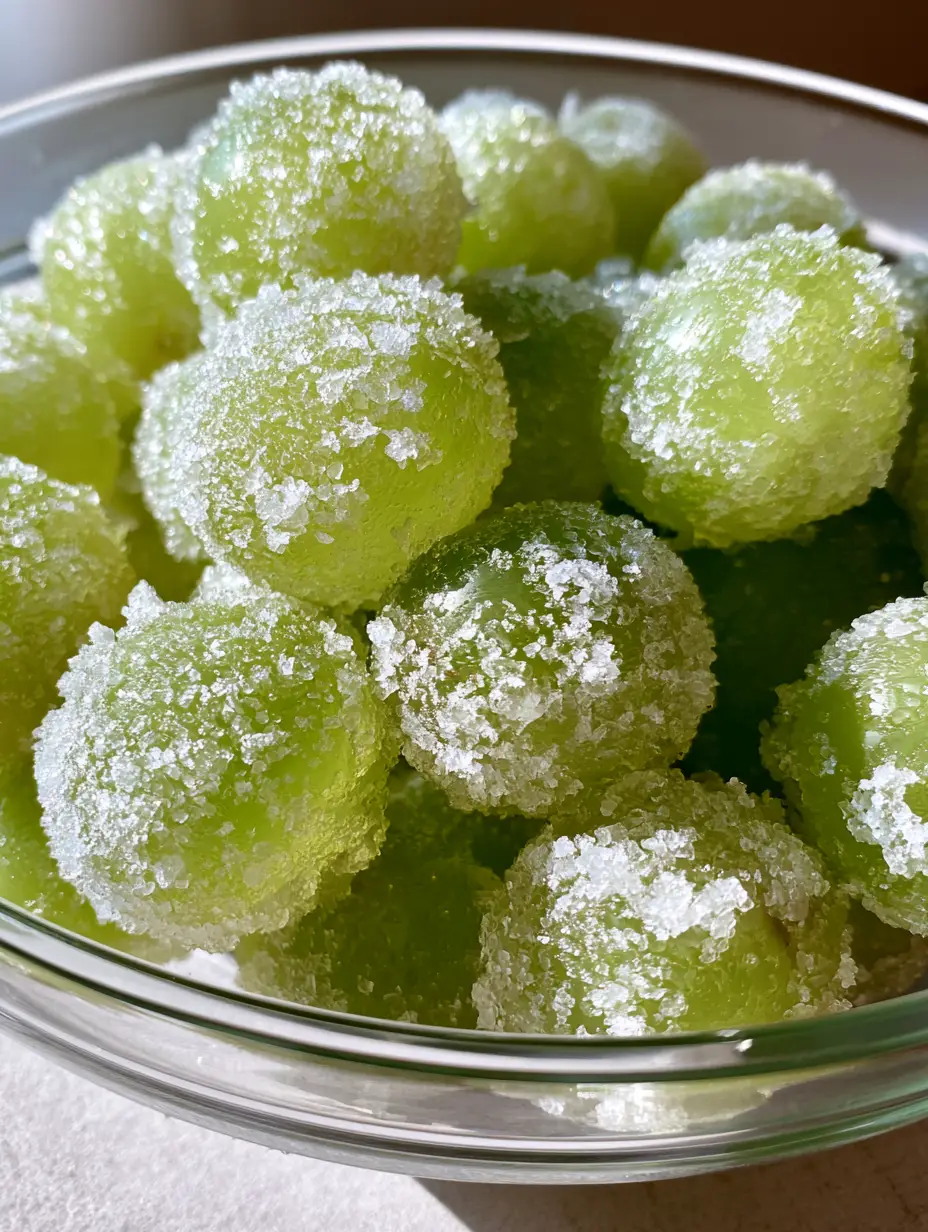 Freshly prepared Boozy Grapes in a glass bowl, showing the thick sugar coating and vibrant green fruit color.