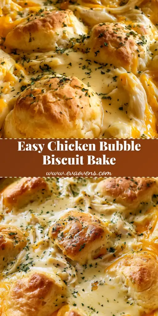 A close-up of Chicken Bubble Biscuit Bake in a white dish showing golden brown biscuit quarters, melted orange cheddar, and parsley flakes.
