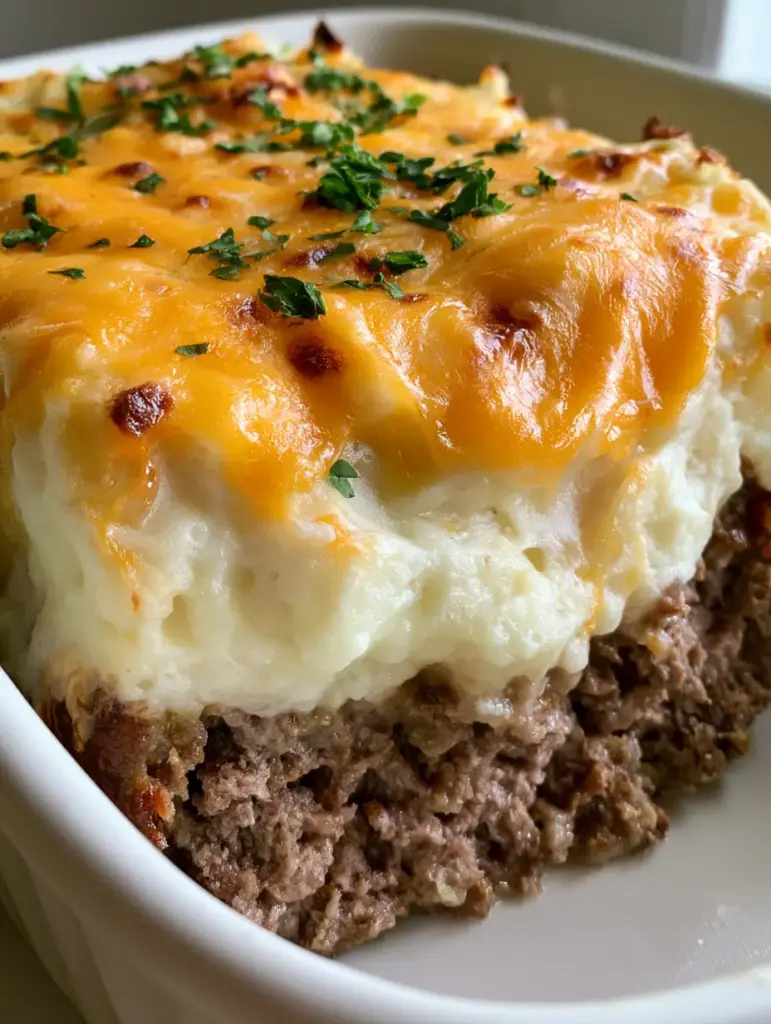 Mashed Potato Topped Meatloaf: The Ultimate Cheesy Comfort Dish 1 Close-up of a thick cross-section of meatloaf casserole with browned ground beef edges and smooth white mashed potato topping.