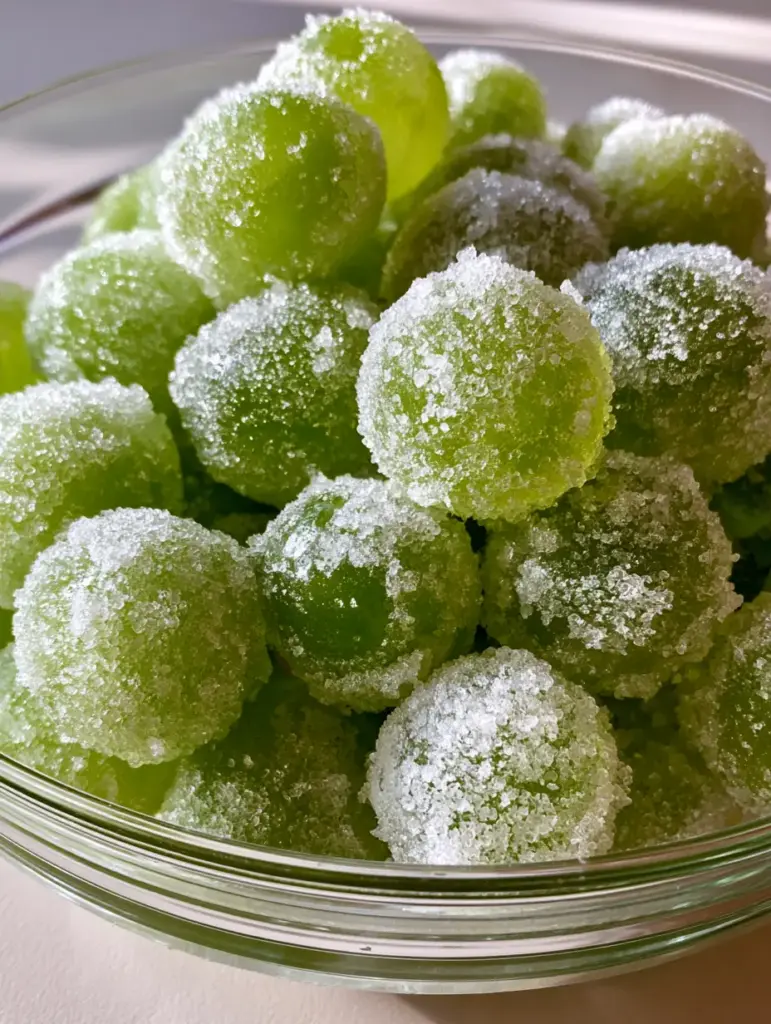A wider shot of a clear glass bowl filled with chilled sugared Boozy Grapes on a neutral light surface.