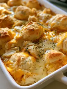 High-angle shot of Chicken Bubble Biscuit Bake featuring shredded chicken and bubbling orange cheese.