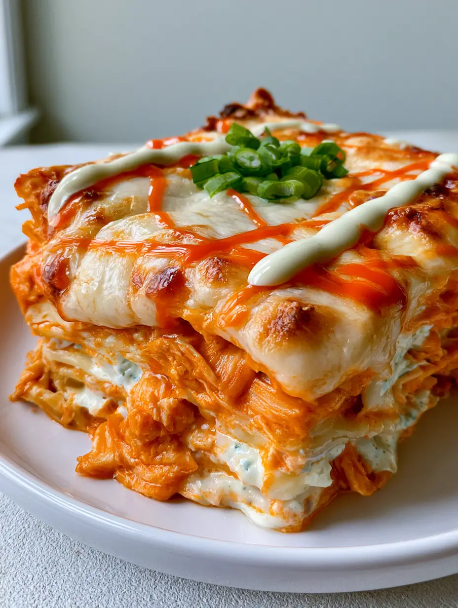 Buffalo Chicken Lasagna: The Ultimate Creamy and Spicy Comfort Food 3 Close-up of Buffalo Chicken Lasagna showing melted mozzarella and cheddar cheese with golden brown spots and fresh green scallions.