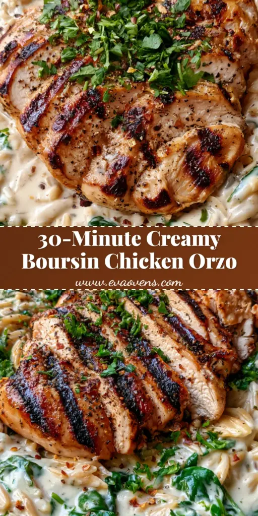 A black cast iron skillet filled with creamy Boursin Chicken Orzo, featuring sliced grilled chicken with char marks, wilted spinach, and fresh parsley garnish.