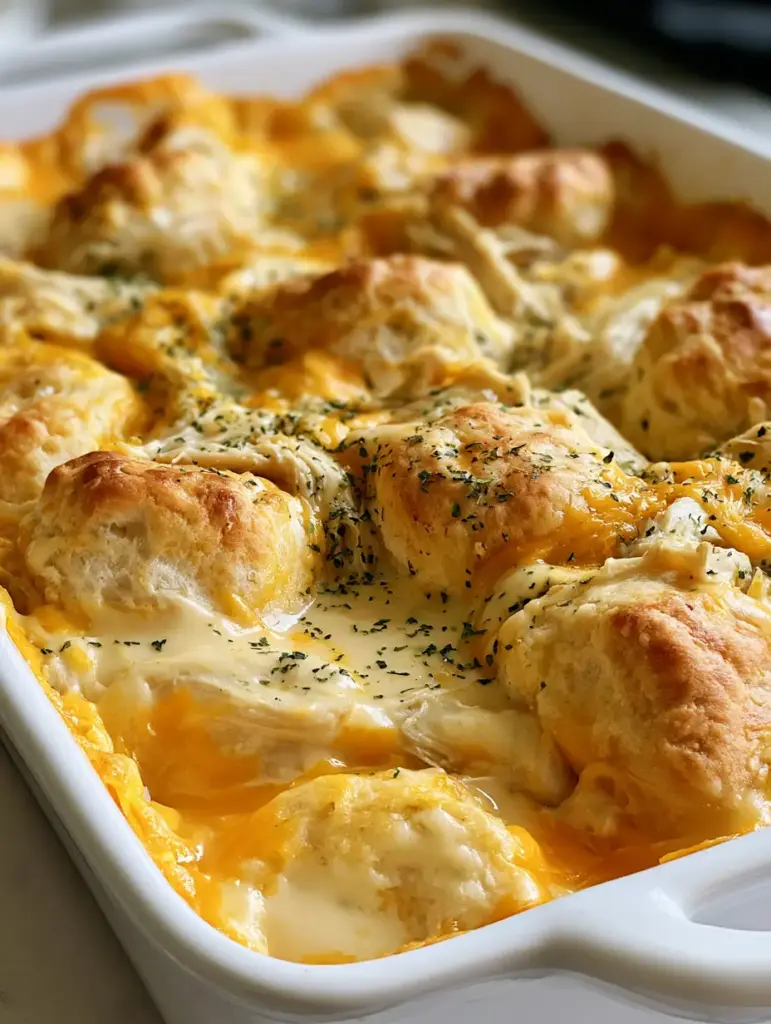 Close-up of bubbling edges and golden biscuit quarters in a Chicken Bubble Biscuit Bake.