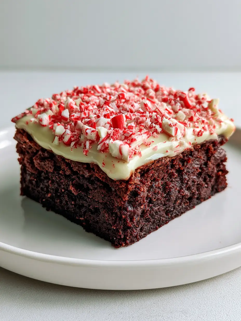 Close up of a thick fudgy dark chocolate brownie square with smooth white chocolate ganache and peppermint bark chunks. (Peppermint Bark Brownies)