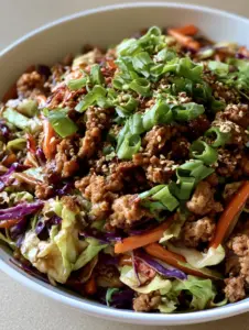 Close up of browned crumbled meat and wilted green cabbage in a glossy soy ginger sauce (Egg Roll in a Bowl).