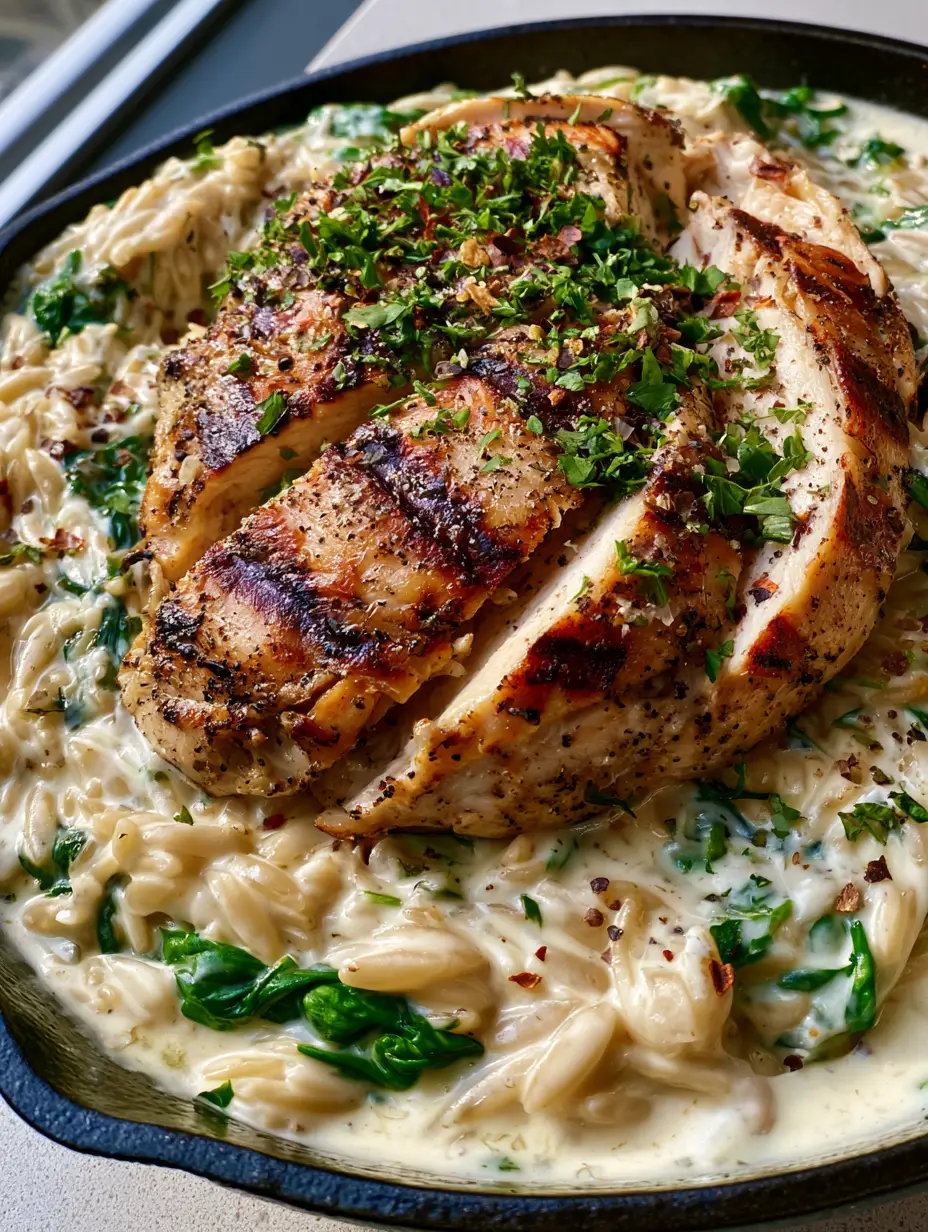 Close up of Boursin Chicken Orzo in a cast iron pan showing the velvety garlic and herb sauce and succulent chicken slices.