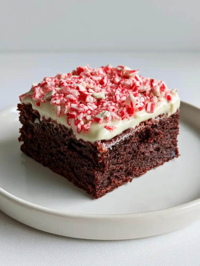 Peppermint Bark Brownies served on a white ceramic plate showing chewy edges and vibrant red candy cane toppings.