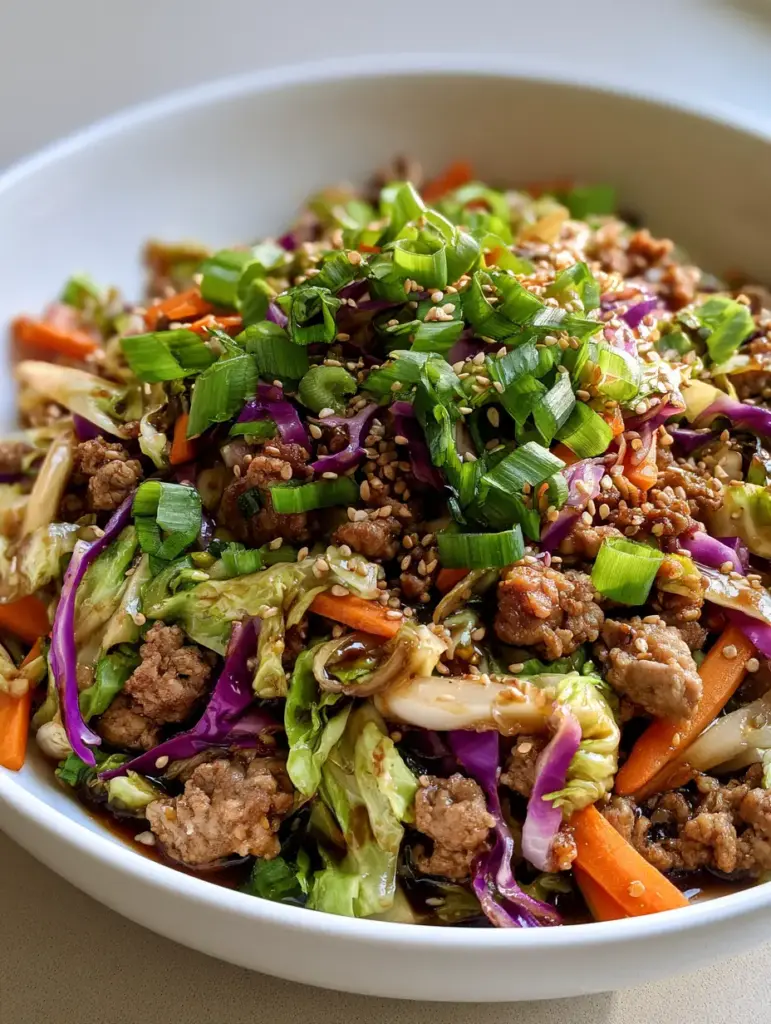 Egg Roll in a Bowl garnished with heavy sliced green scallions and sesame seeds in a white bowl.