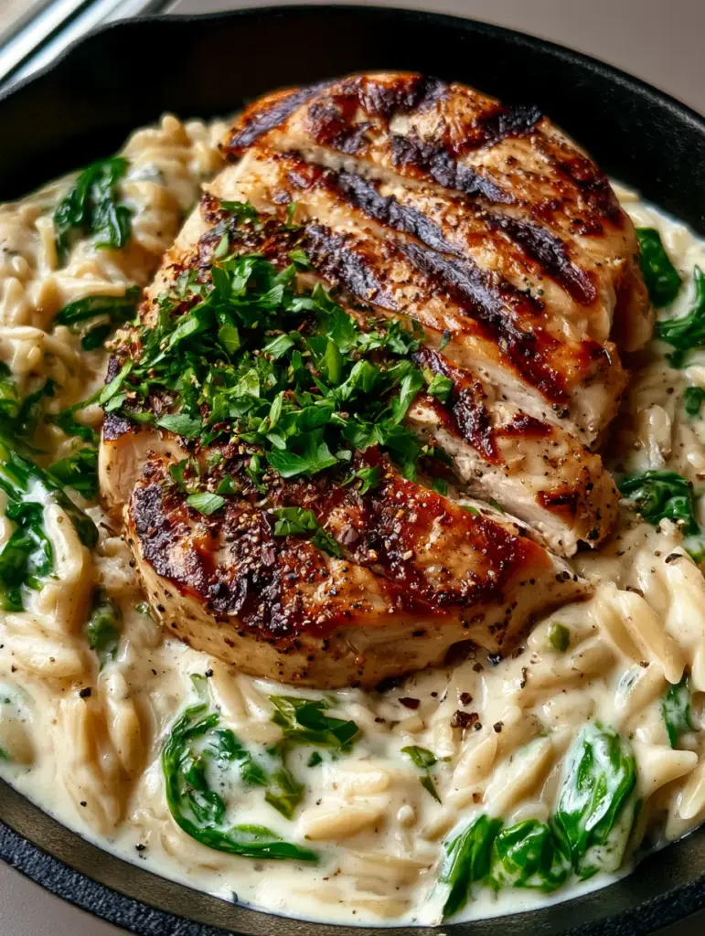Overhead view of grilled chicken breast slices with black pepper on a bed of Boursin cheese orzo and spinach.