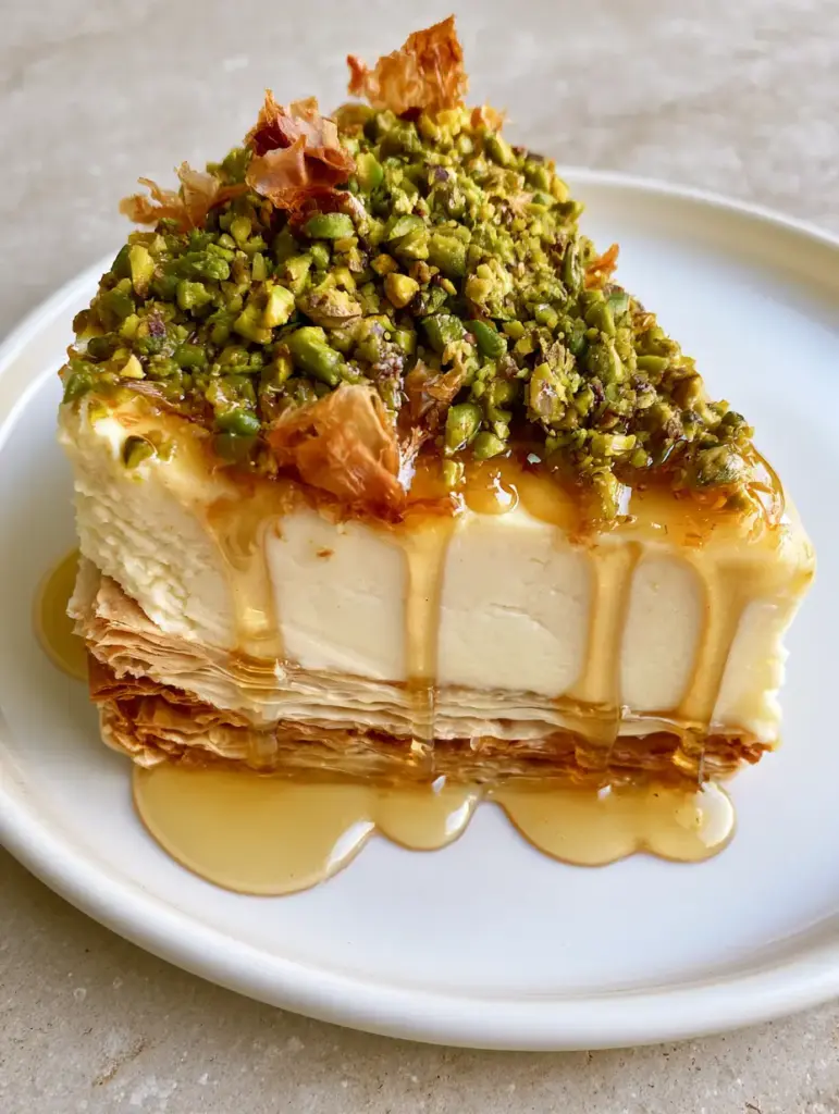 Top view of Honey Pistachio Baklava Cheesecake crowned with crushed pistachios and toasted phyllo.