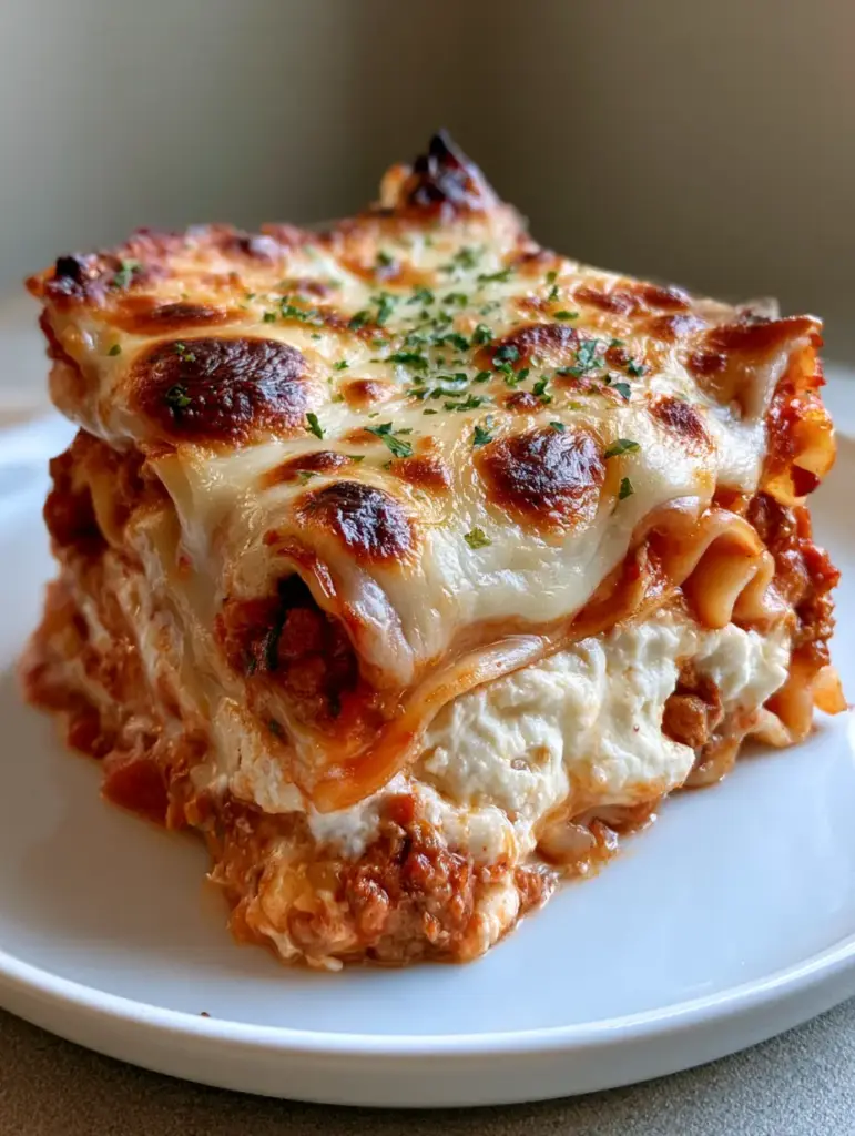 Steaming hot Million Dollar Italian Lasagna showing thick ricotta filling and chunky meat sauce.
