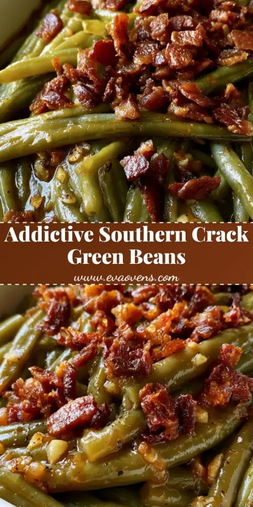 A close-up shot of Crack Green Beans with a dark amber glaze and crispy bacon in a white ceramic dish.