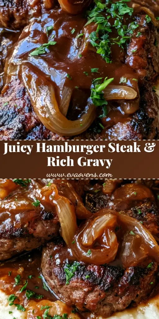A close-up shot of two juicy Hamburger Steaks with Onion Gravy served over a bed of creamy mashed potatoes in a dark skillet.