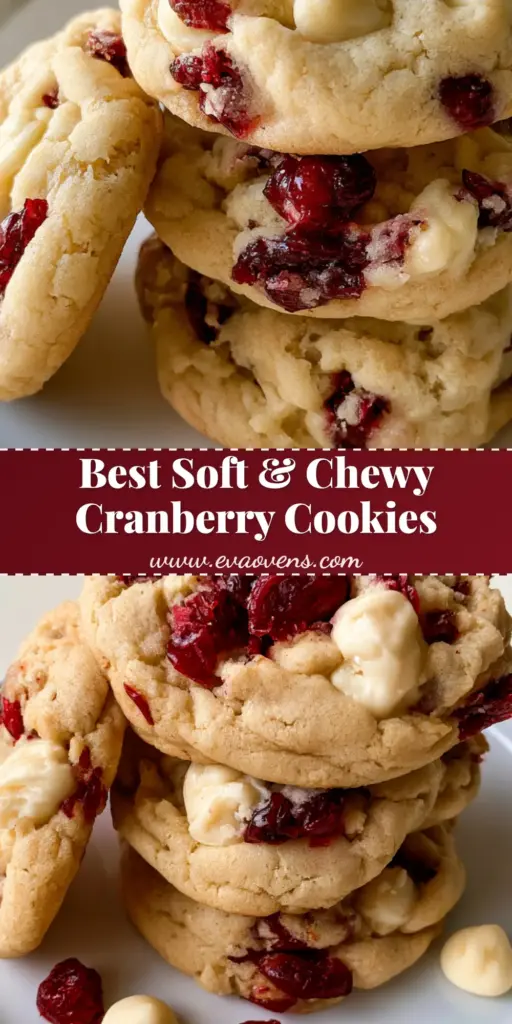 A stack of three soft-baked White Chocolate Cranberry Cookies on a white ceramic plate with melted chips and red cranberries.