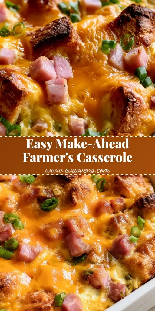 Farmer's Breakfast Casserole with Ham and Sourdough 3 A bubbling Farmer's Breakfast Casserole in a white dish with golden-brown sourdough cubes, melted orange cheddar, pink ham, and green onions.