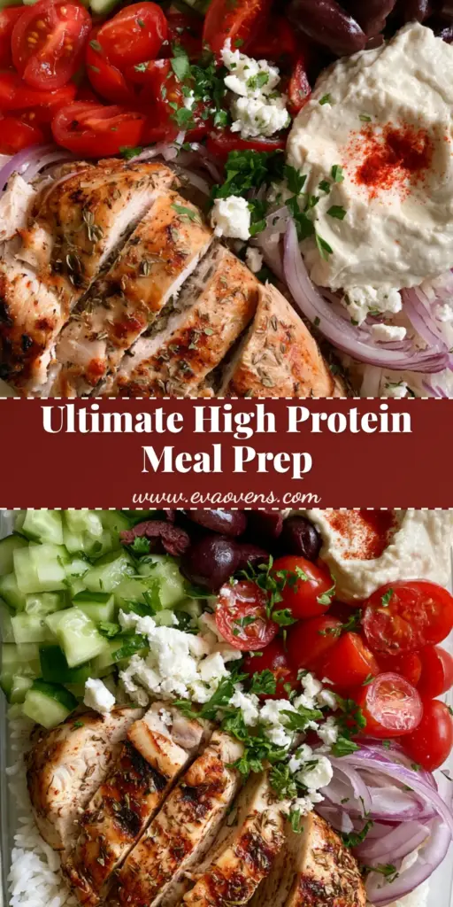 A top-down view of a Mediterranean Chicken Meal Prep bowl with grilled chicken, fluffy rice, hummus, and fresh vegetables in a glass container.