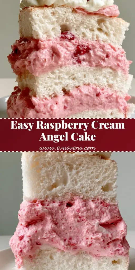 A tall slice of Raspberry Cream Angel Food Cake with white sponge layers and pink raspberry mousse, topped with fresh raspberries.
