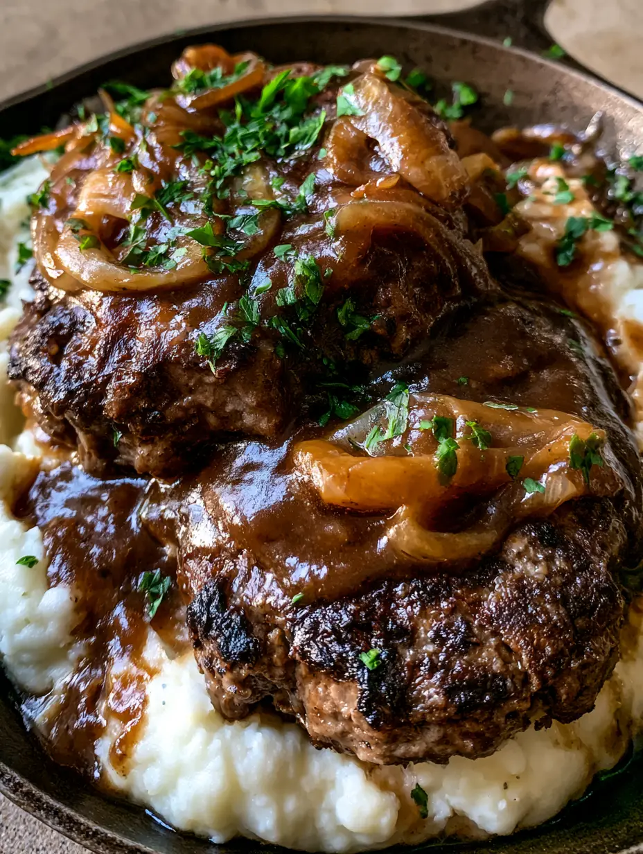 Seared ground beef patties with visible char marks covered in thick brown onion gravy. (Hamburger Steak with Onion Gravy)