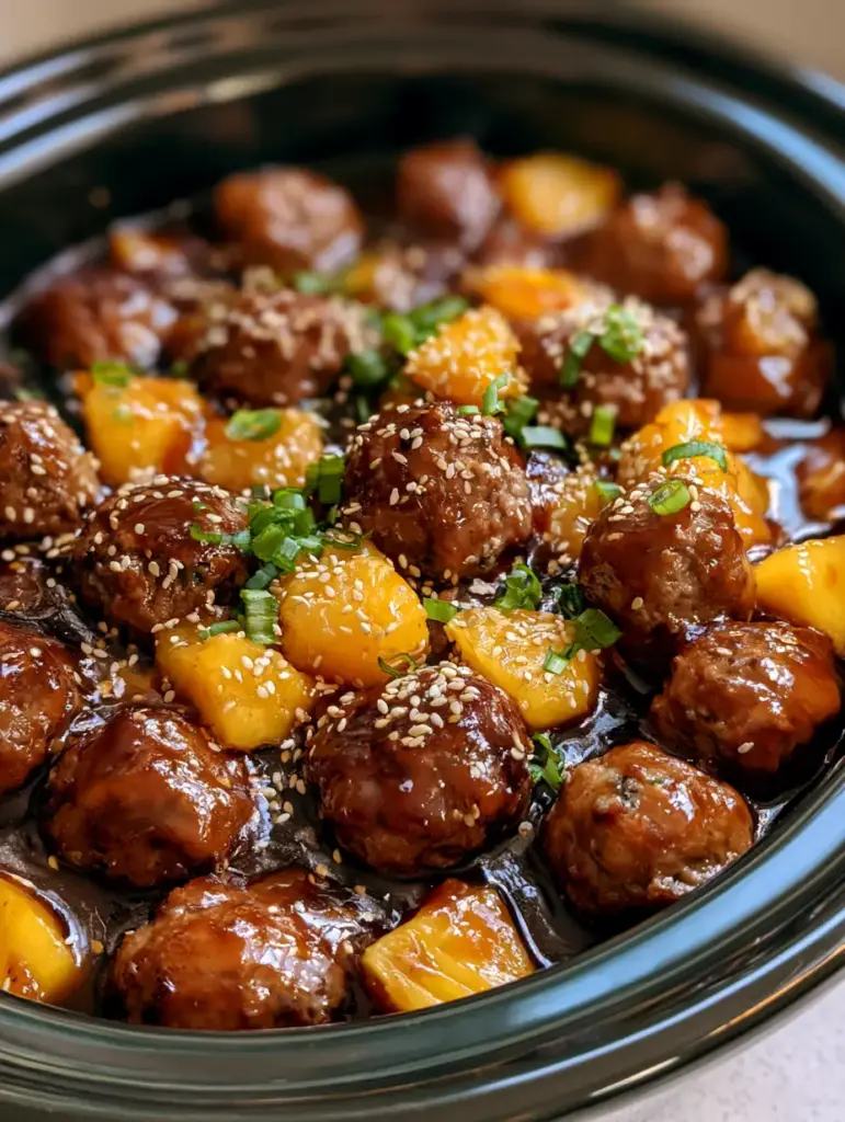 Slow Cooker Teriyaki Meatballs: The Ultimate Sticky Pineapple Glazed Recipe 2 Juicy browned beef meatballs simmering in a viscous dark mahogany teriyaki sauce with bright yellow pineapple chunks. (Slow Cooker Teriyaki Meatballs)