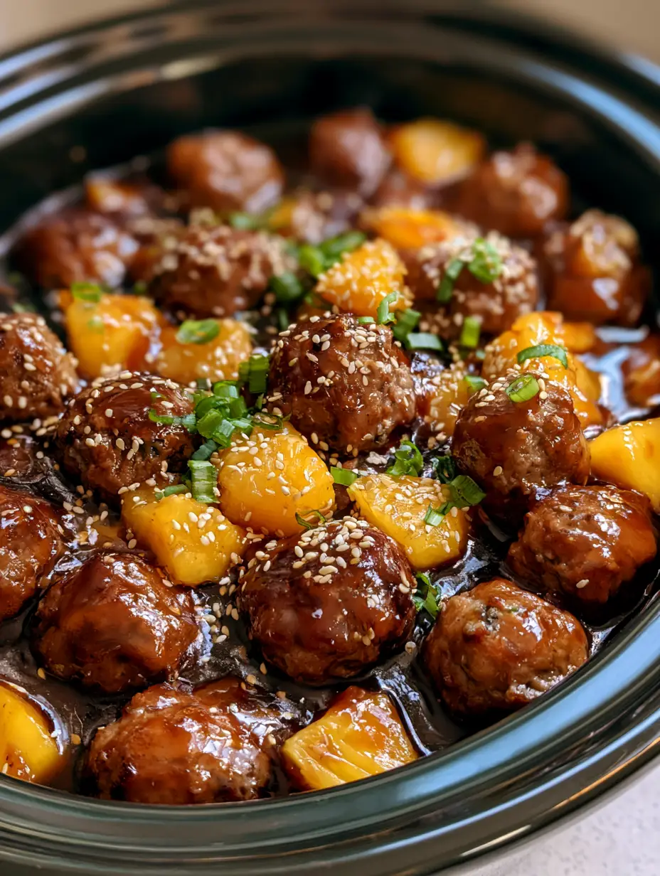 Slow Cooker Teriyaki Meatballs: The Ultimate Sticky Pineapple Glazed Recipe 4 Juicy browned beef meatballs simmering in a viscous dark mahogany teriyaki sauce with bright yellow pineapple chunks. (Slow Cooker Teriyaki Meatballs)