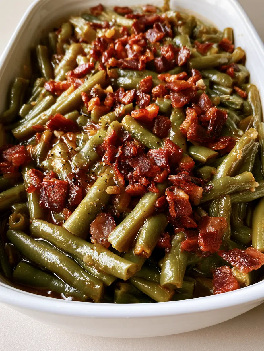Handheld photo of sauteed Crack Green Beans with a glossy brown sugar glaze and garlic flecks.