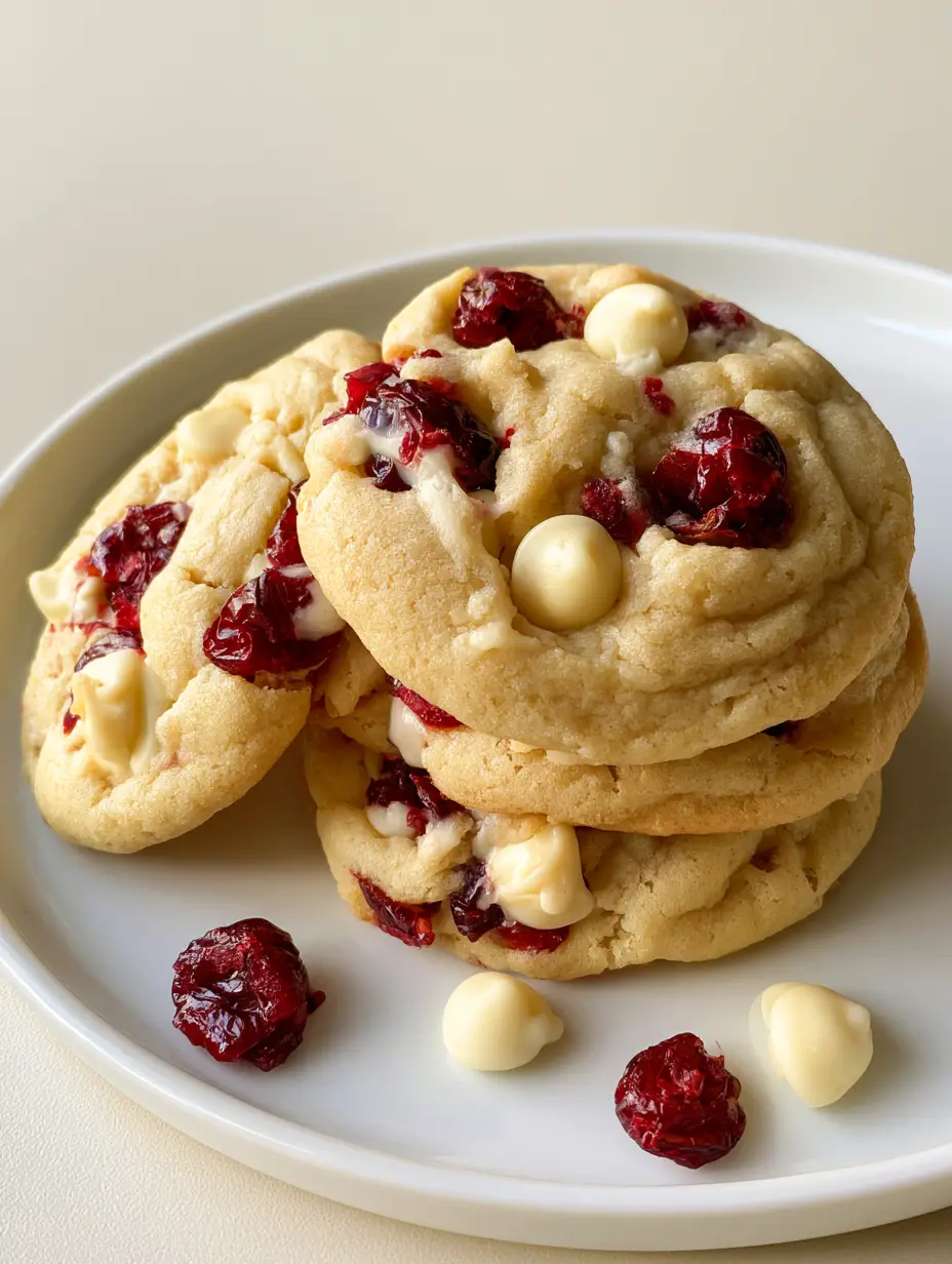 Close up of soft-baked White Chocolate Cranberry Cookies showing the buttery texture and cracked surface.