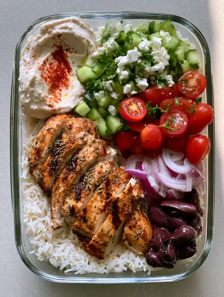 Detailed view of Mediterranean Chicken Meal Prep with herb-crusted chicken and creamy hummus.