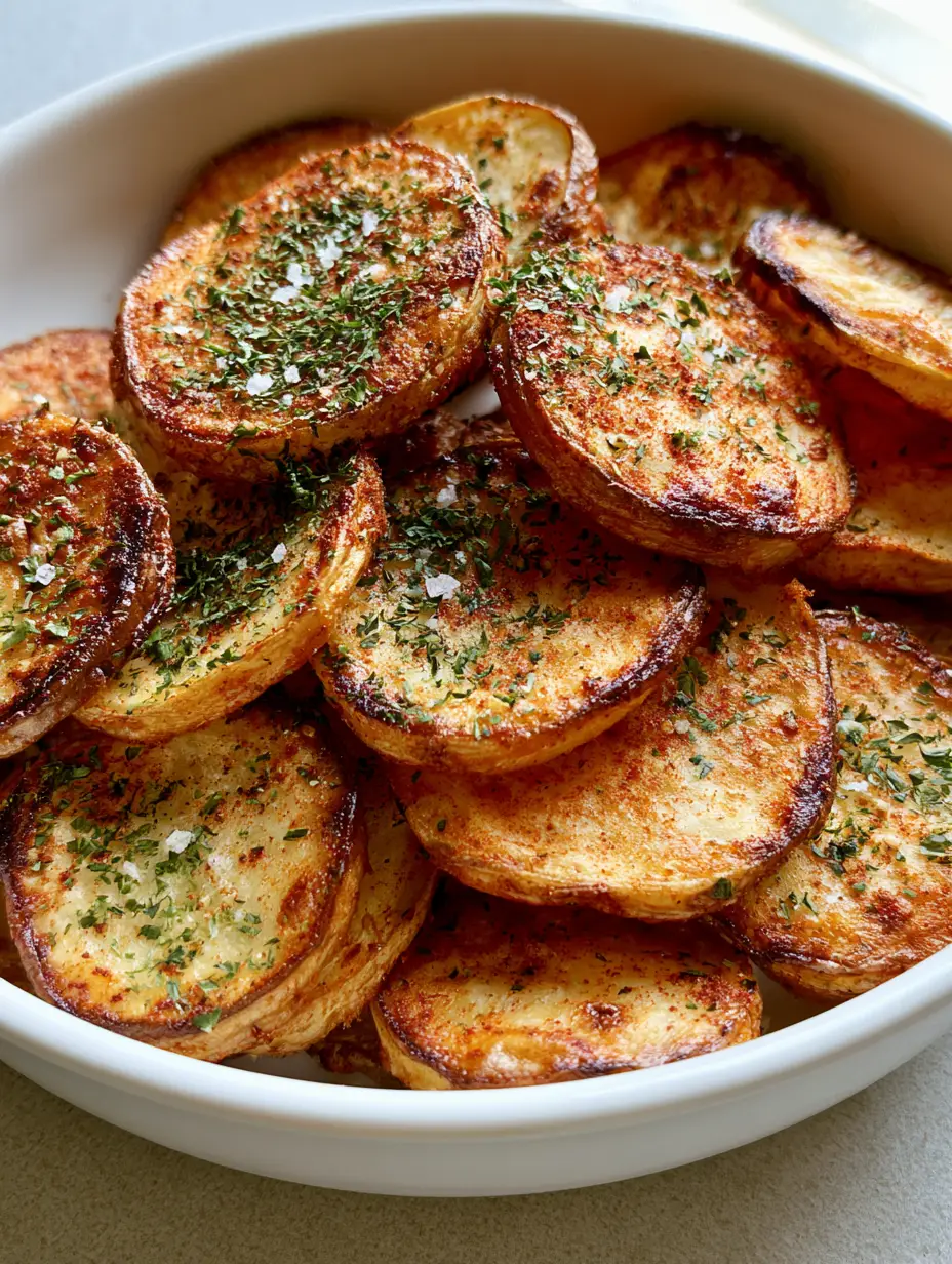 Close up shot of seasoned Air Fryer Sliced Potatoes in a white dish showing soft interiors and crispy edges.