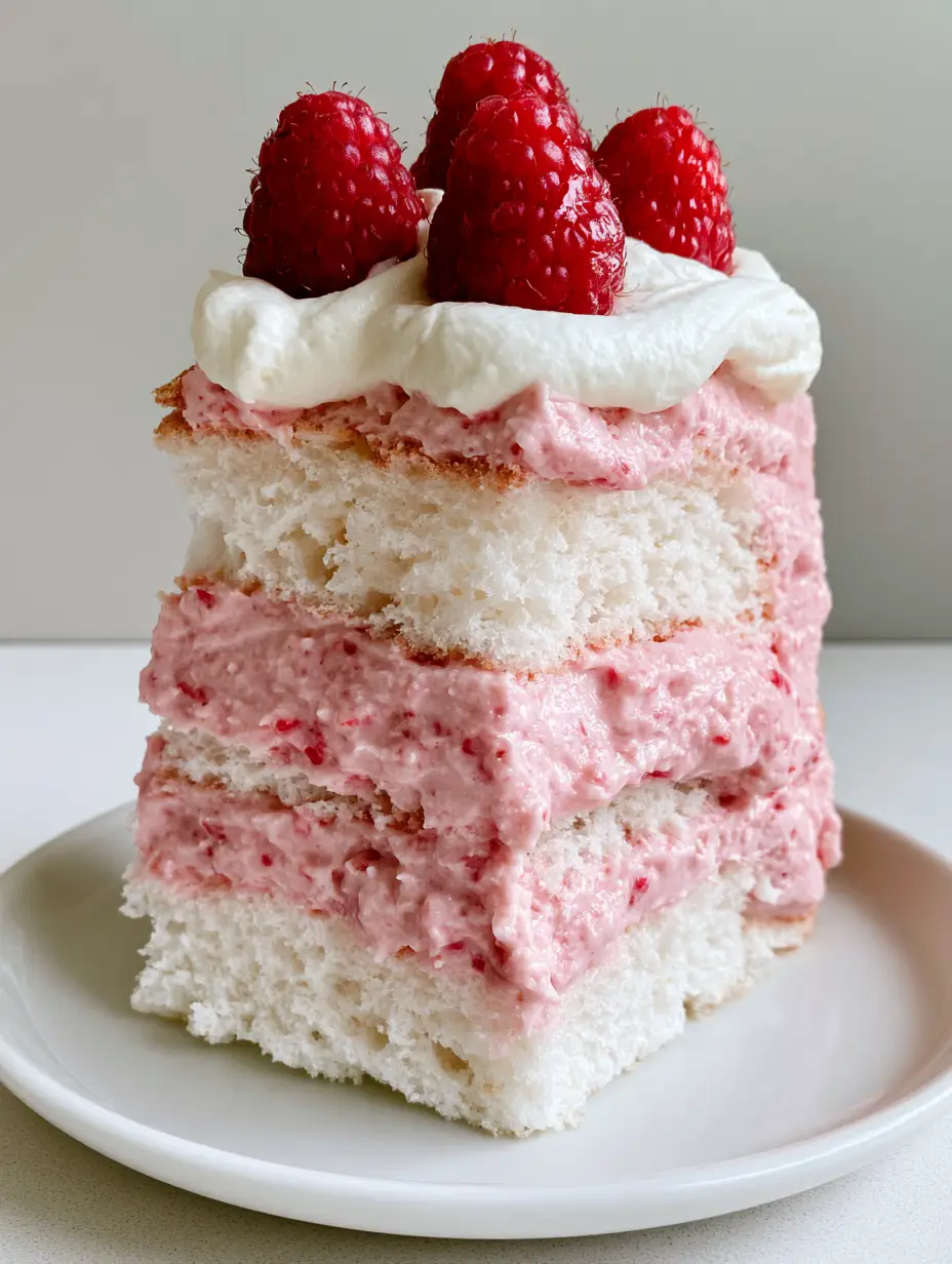 A close-up of a slice of Raspberry Cream Angel Food Cake standing upright on a white plate, showing the porous white sponge and pastel pink mousse.