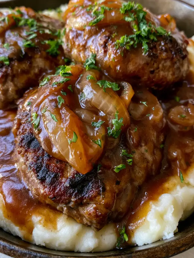 Handheld photo showing the creamy mashed potatoes underneath a juicy Hamburger Steak with Onion Gravy.
