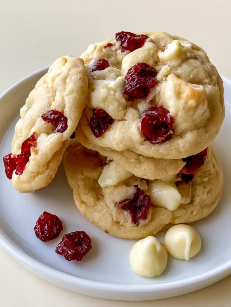 A stack of three thick White Chocolate Cranberry Cookies on a white plate with loose cranberries scattered around.