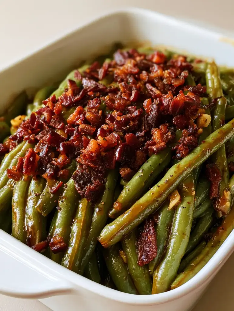 Overhead view of Crack Green Beans in a white rectangular ceramic dish showing crispy bacon bits.