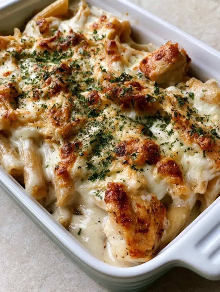Top view of a Garlic Parmesan Chicken Pasta Bake showing charred golden-brown spots on melted mozzarella.