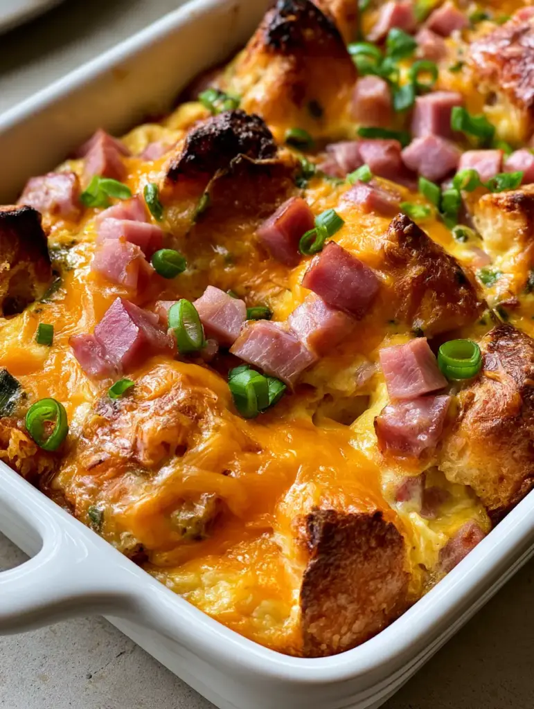 Farmer's Breakfast Casserole with Ham and Sourdough 1 High-angle shot of Farmer's Breakfast Casserole showing the moist center and bubbly cheddar surface.