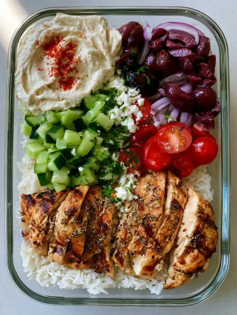 Meal prep containers filled with Mediterranean Chicken, basmati rice, olives, and feta cheese.