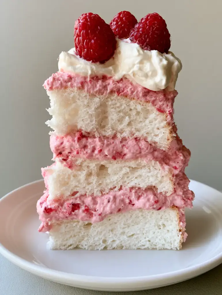 A slice of Raspberry Cream Angel Food Cake with pink mousse containing fruit bits, crowned with fresh raspberries.