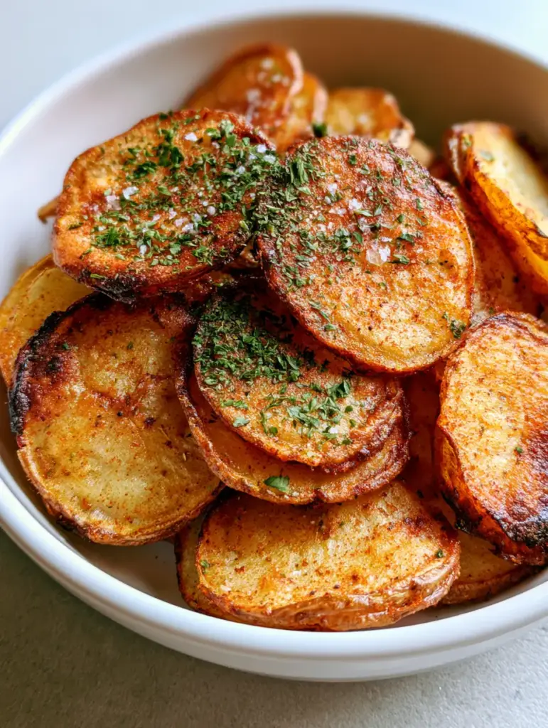 Overhead view of a white ceramic bowl filled with stackable Air Fryer Sliced Potatoes topped with parsley and sea salt.