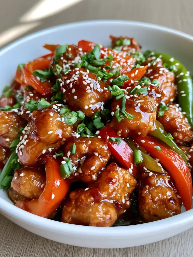 Honey Pepper Chicken: The Ultimate Crispy & Glossy Dinner Guide 1 Overhead view of Honey Pepper Chicken with sauteed red bell peppers and green chili peppers in a white bowl.